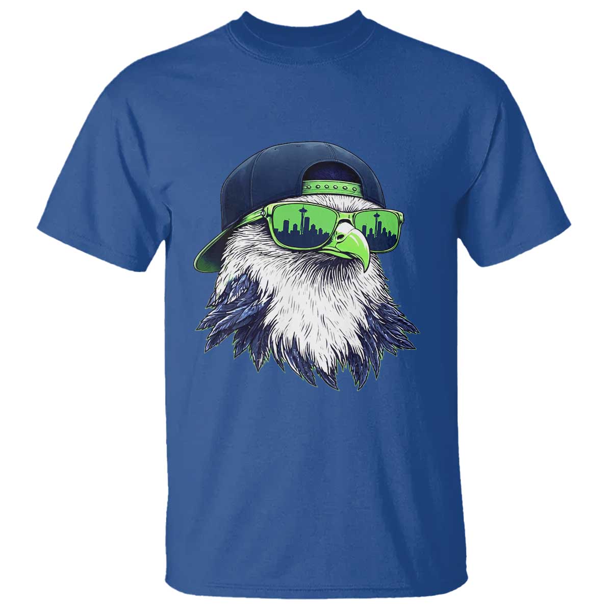 Vintage Hawk Graphic with Seattle Skyline Sunglasses Game Day T Shirt TS11 Royal Blue Print Your Wear