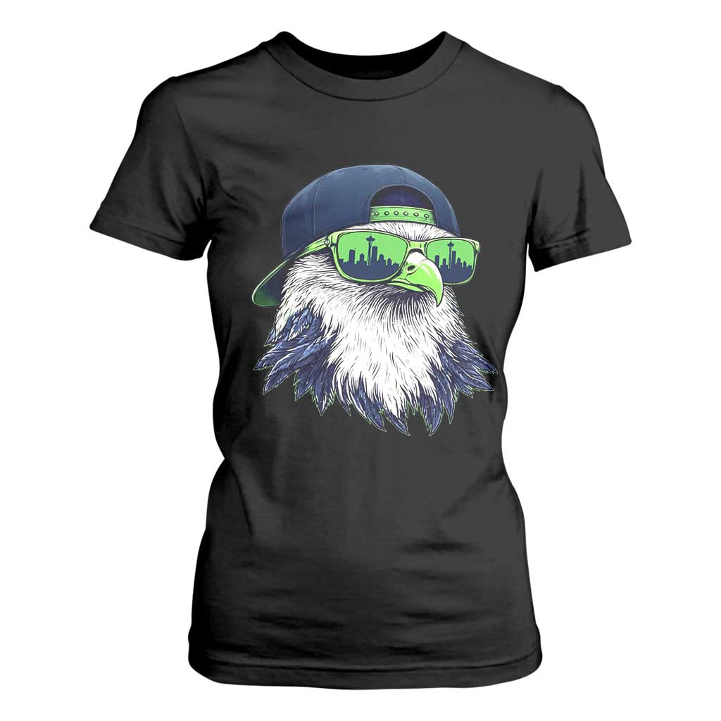 Vintage Hawk Graphic with Seattle Skyline Sunglasses Game Day T Shirt For Women TS11 Black Print Your Wear