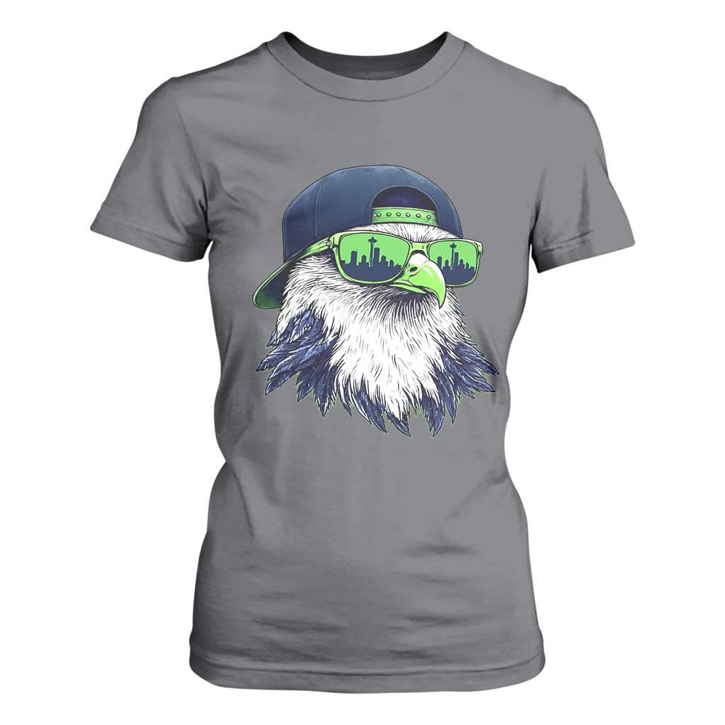 Vintage Hawk Graphic with Seattle Skyline Sunglasses Game Day T Shirt For Women TS11 Charcoal Print Your Wear
