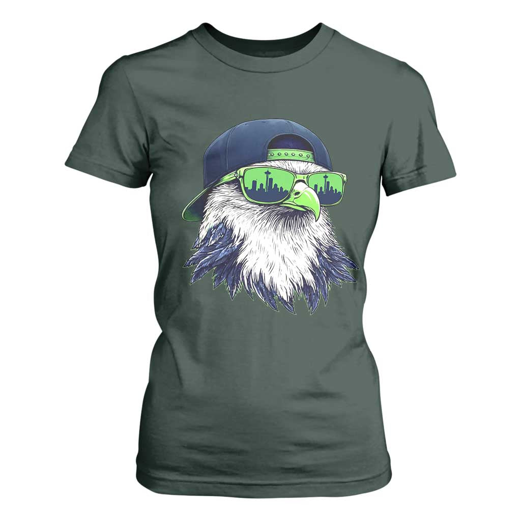 Vintage Hawk Graphic with Seattle Skyline Sunglasses Game Day T Shirt For Women TS11 Dark Forest Green Print Your Wear