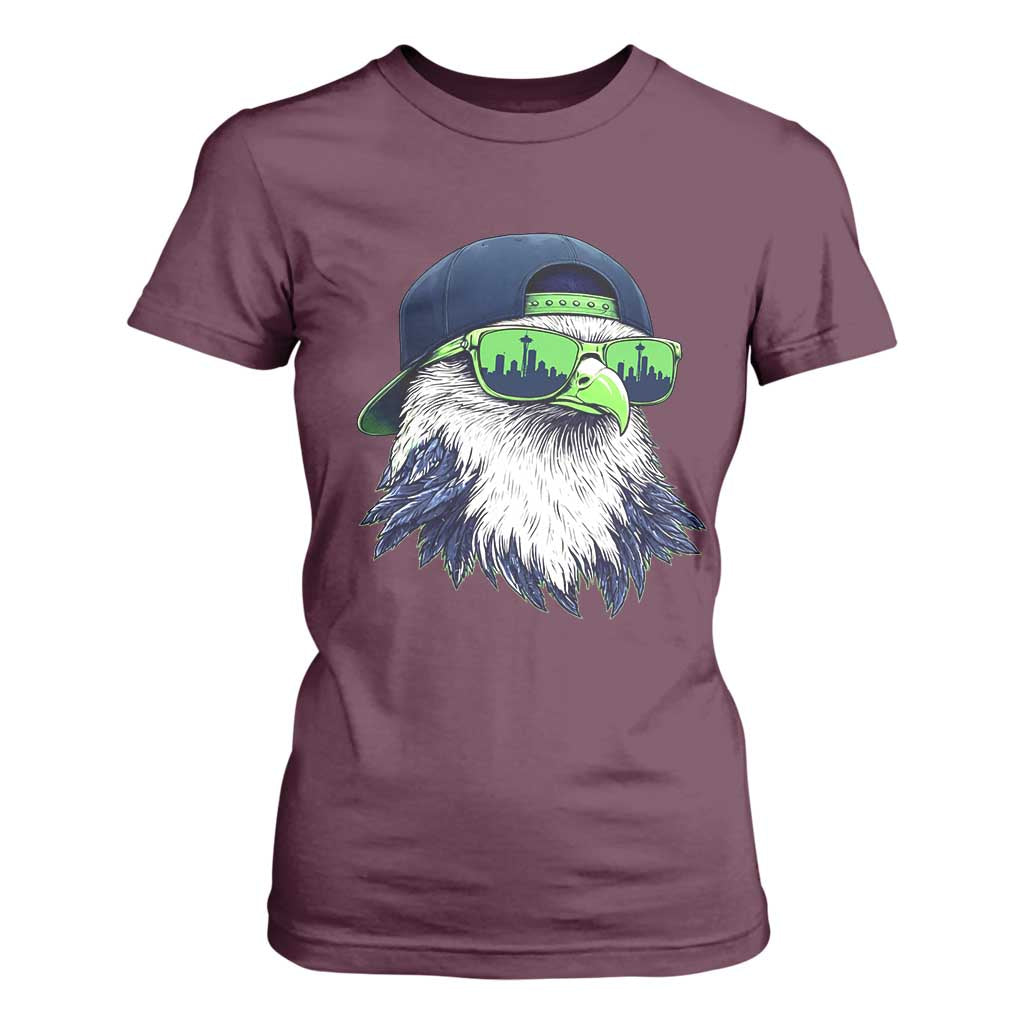 Vintage Hawk Graphic with Seattle Skyline Sunglasses Game Day T Shirt For Women TS11 Maroon Print Your Wear