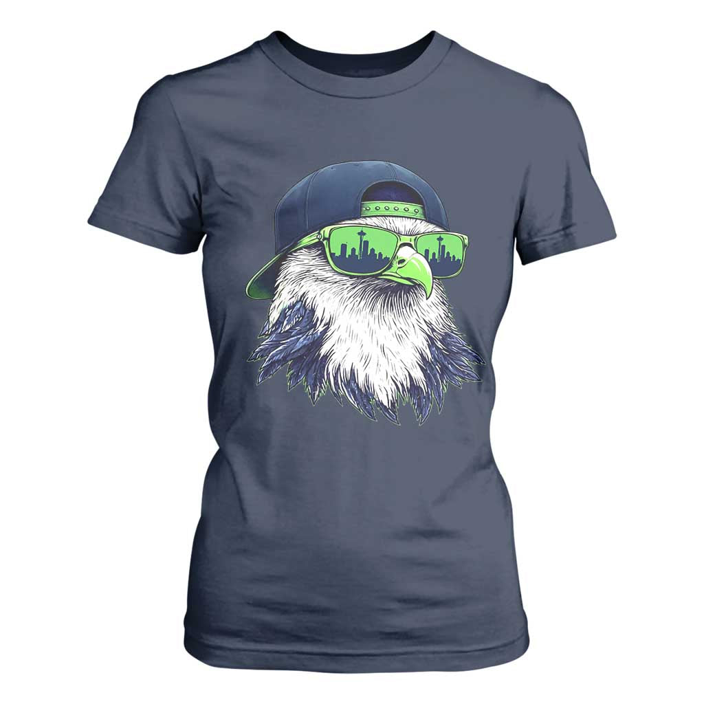 Vintage Hawk Graphic with Seattle Skyline Sunglasses Game Day T Shirt For Women TS11 Navy Print Your Wear
