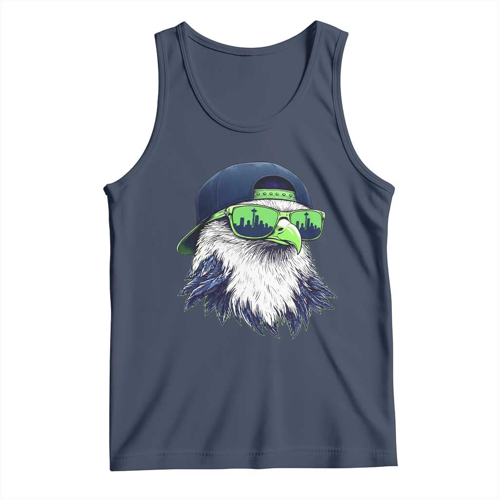 Vintage Hawk Graphic with Seattle Skyline Sunglasses Game Day Tank Top TS11 Navy Print Your Wear