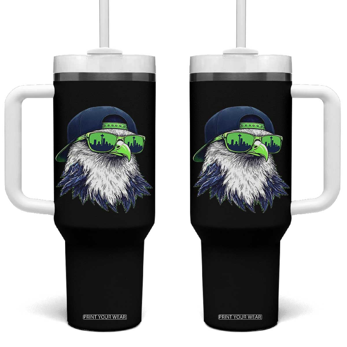 Vintage Hawk Graphic with Seattle Skyline Sunglasses Game Day Tumbler With Handle TS11 One Size: 40 oz Black Print Your Wear