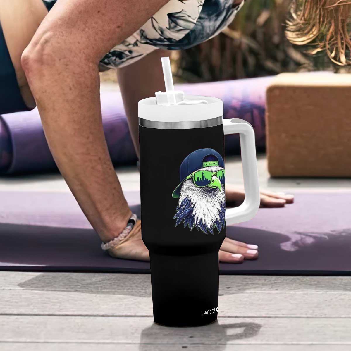 Vintage Hawk Graphic with Seattle Skyline Sunglasses Game Day Tumbler With Handle TS11 Print Your Wear