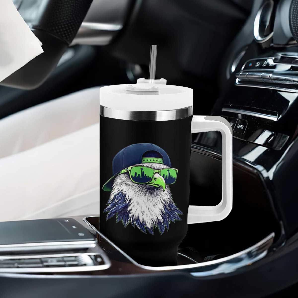 Vintage Hawk Graphic with Seattle Skyline Sunglasses Game Day Tumbler With Handle TS11 Print Your Wear