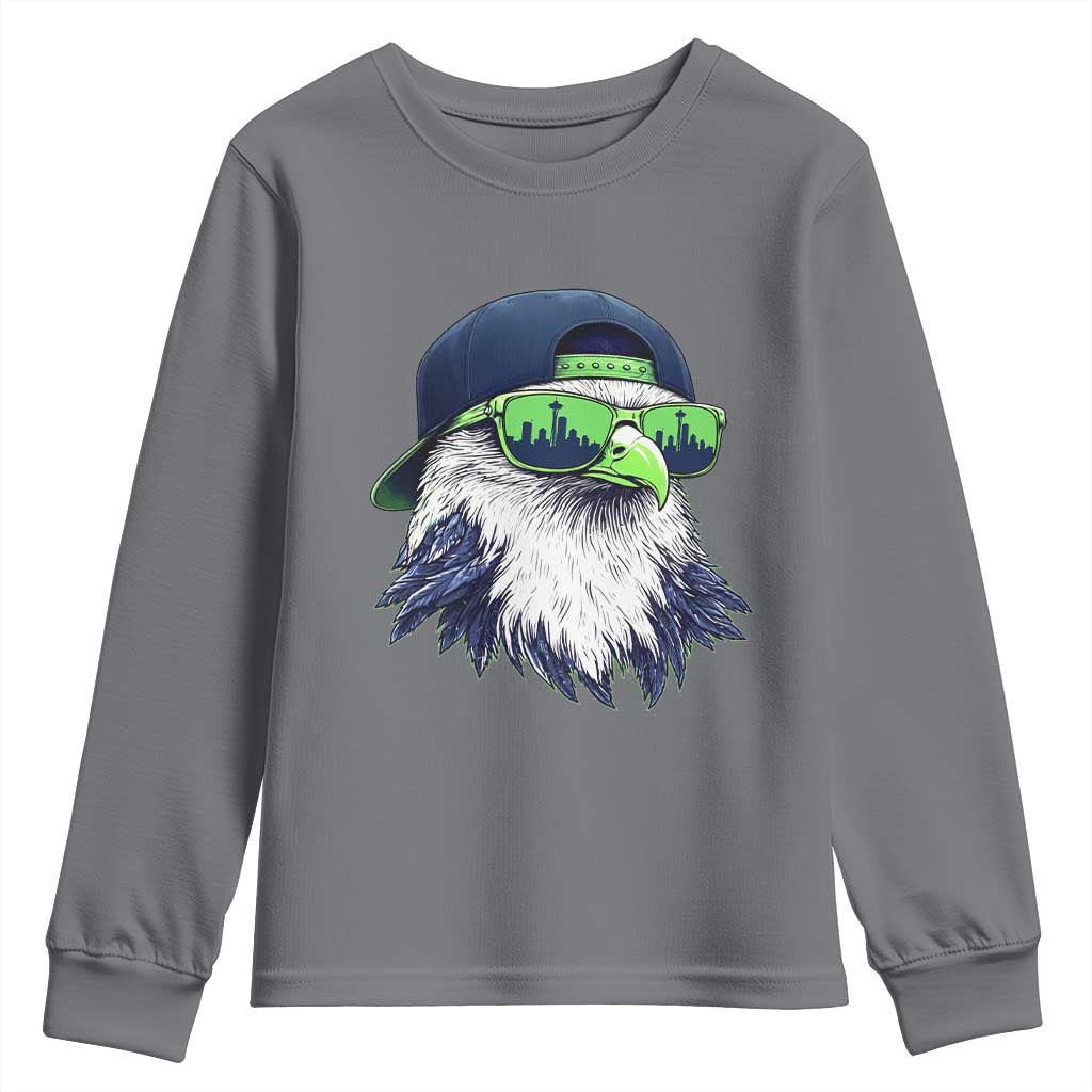 Vintage Hawk Graphic with Seattle Skyline Sunglasses Game Day Youth Sweatshirt TS11 Charcoal Print Your Wear
