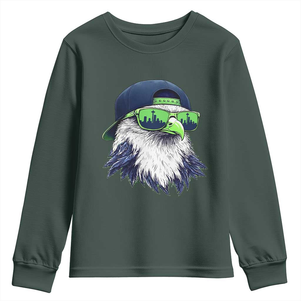 Vintage Hawk Graphic with Seattle Skyline Sunglasses Game Day Youth Sweatshirt TS11 Dark Forest Green Print Your Wear