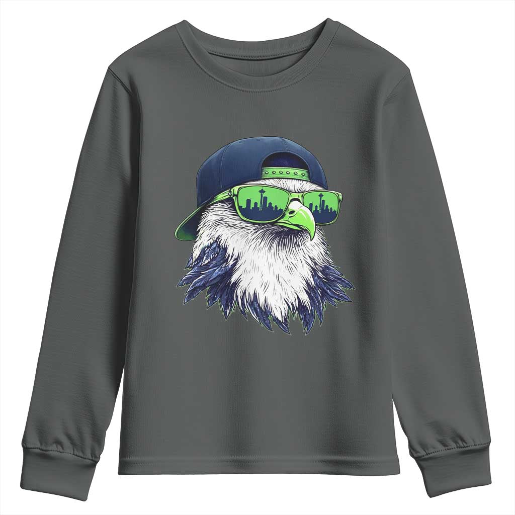 Vintage Hawk Graphic with Seattle Skyline Sunglasses Game Day Youth Sweatshirt TS11 Dark Heather Print Your Wear