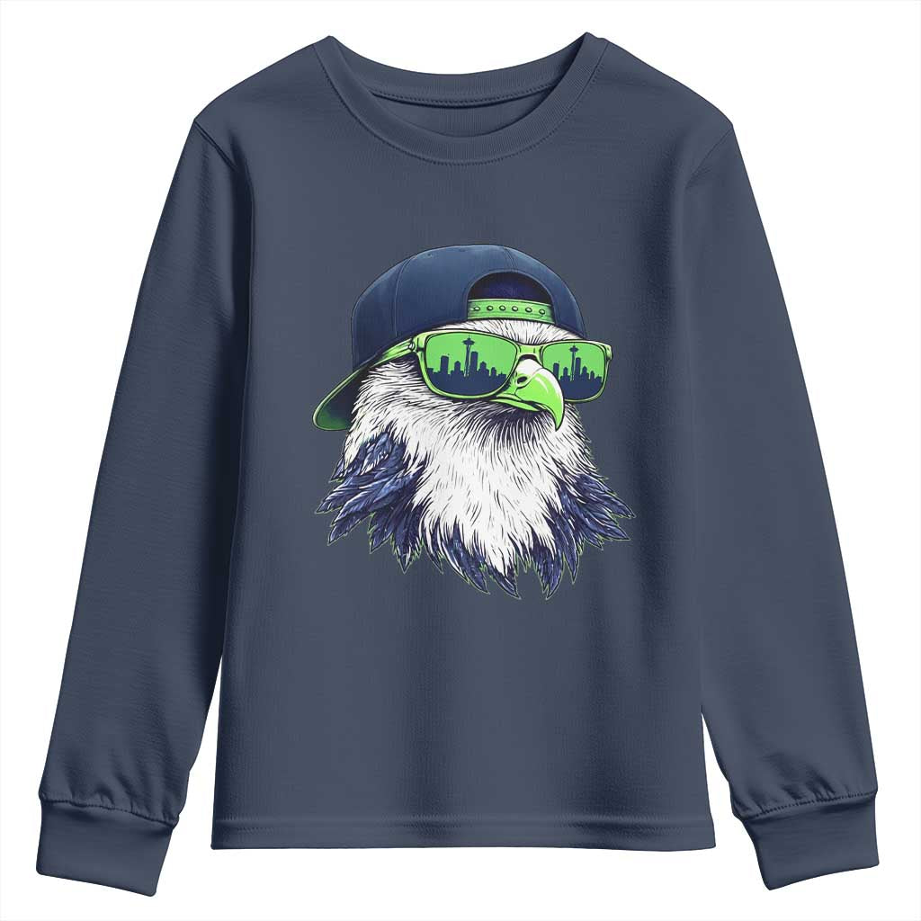 Vintage Hawk Graphic with Seattle Skyline Sunglasses Game Day Youth Sweatshirt TS11 Navy Print Your Wear