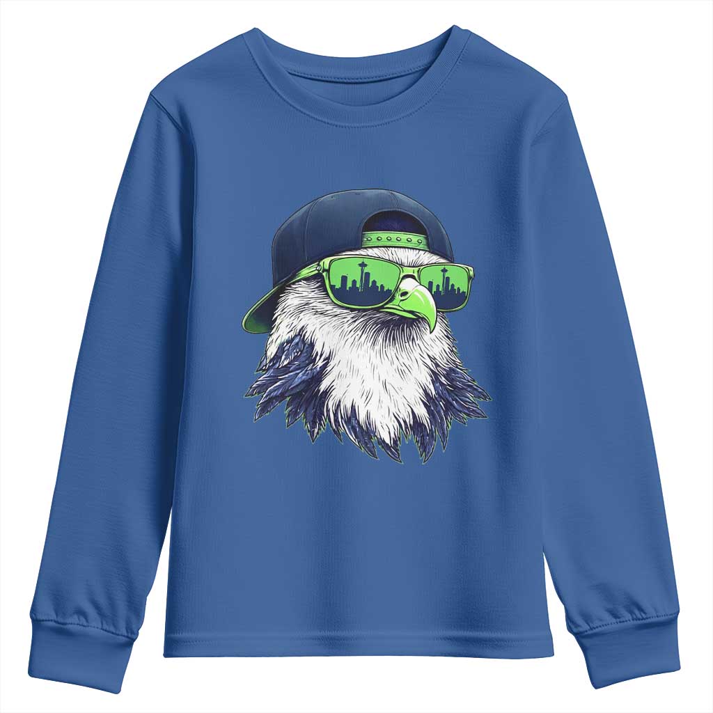 Vintage Hawk Graphic with Seattle Skyline Sunglasses Game Day Youth Sweatshirt TS11 Royal Blue Print Your Wear