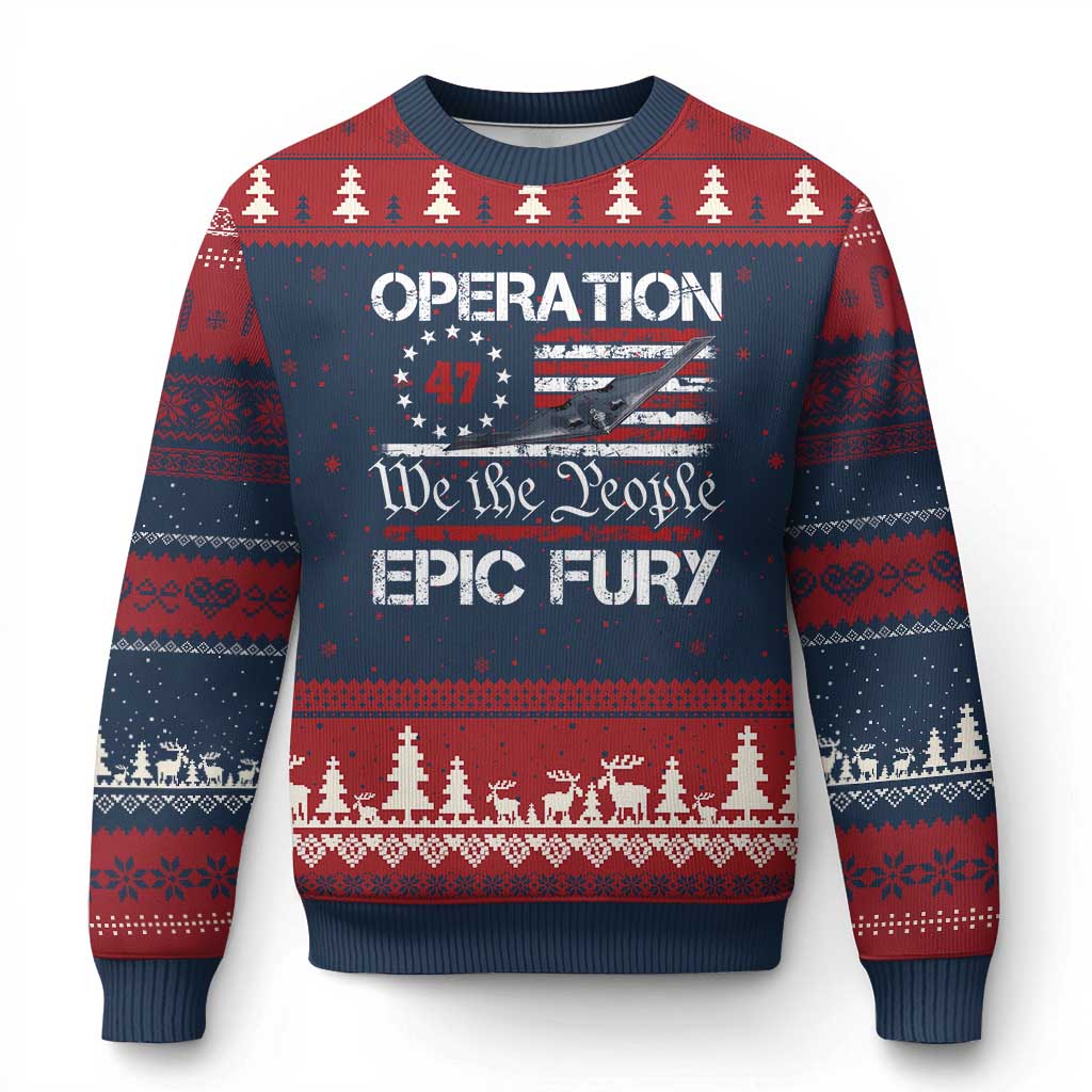 Operation Epic Fury Ugly Christmas Sweater Military Bomber Stealth Jet Vintage American Flag TS11 Navy Red Print Your Wear
