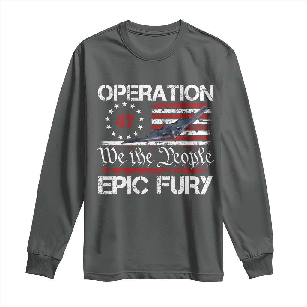Operation Epic Fury Long Sleeve Shirt Military Bomber Stealth Jet Vintage American Flag TS11 Dark Heather Print Your Wear