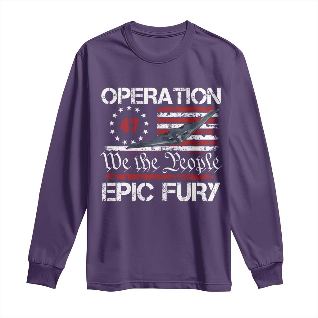 Operation Epic Fury Long Sleeve Shirt Military Bomber Stealth Jet Vintage American Flag TS11 Purple Print Your Wear