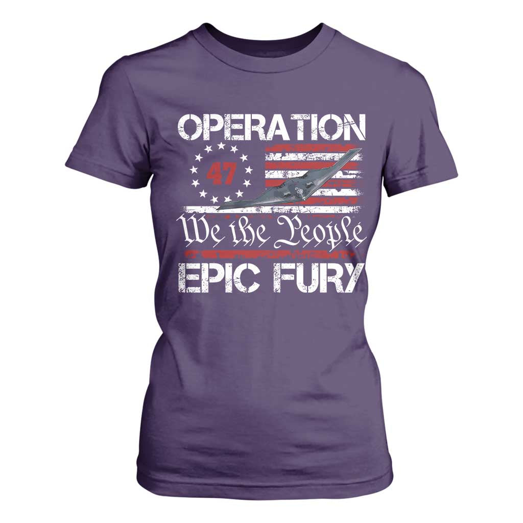 Operation Epic Fury T Shirt For Women Military Bomber Stealth Jet Vintage American Flag TS11 Purple Print Your Wear