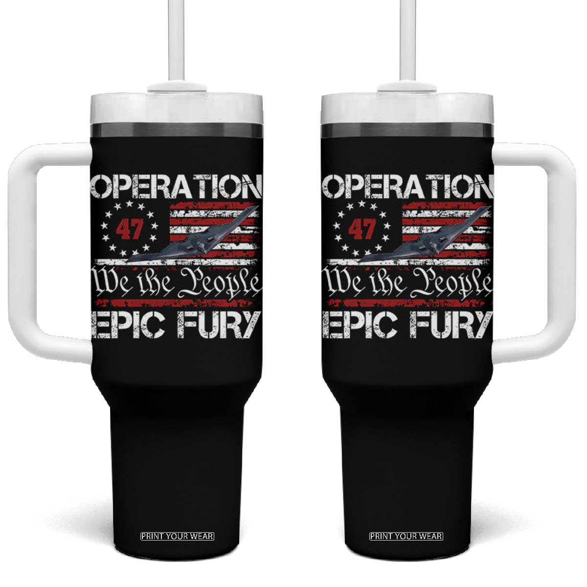 Operation Epic Fury Tumbler With Handle Military Bomber Stealth Jet Vintage American Flag TS11 One Size: 40 oz Black Print Your Wear
