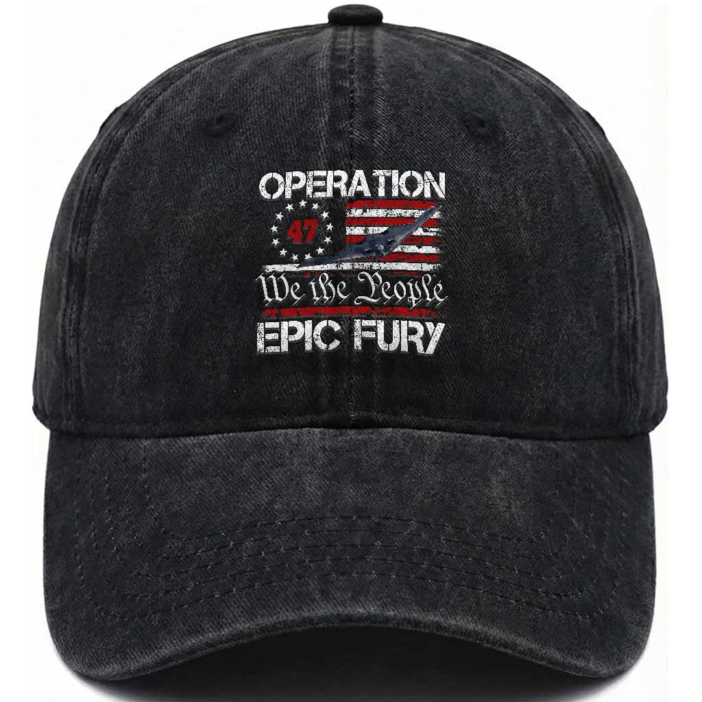 Operation Epic Fury Washed Cotton Baseball Cap Military Bomber Stealth Jet Vintage American Flag TS11 Print Your Wear