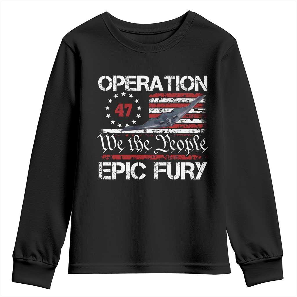 Operation Epic Fury Youth Sweatshirt Military Bomber Stealth Jet Vintage American Flag TS11 Black Print Your Wear