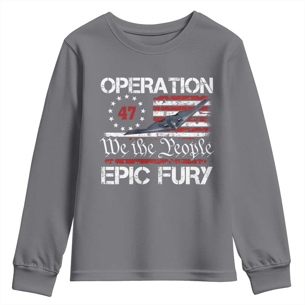 Operation Epic Fury Youth Sweatshirt Military Bomber Stealth Jet Vintage American Flag TS11 Charcoal Print Your Wear