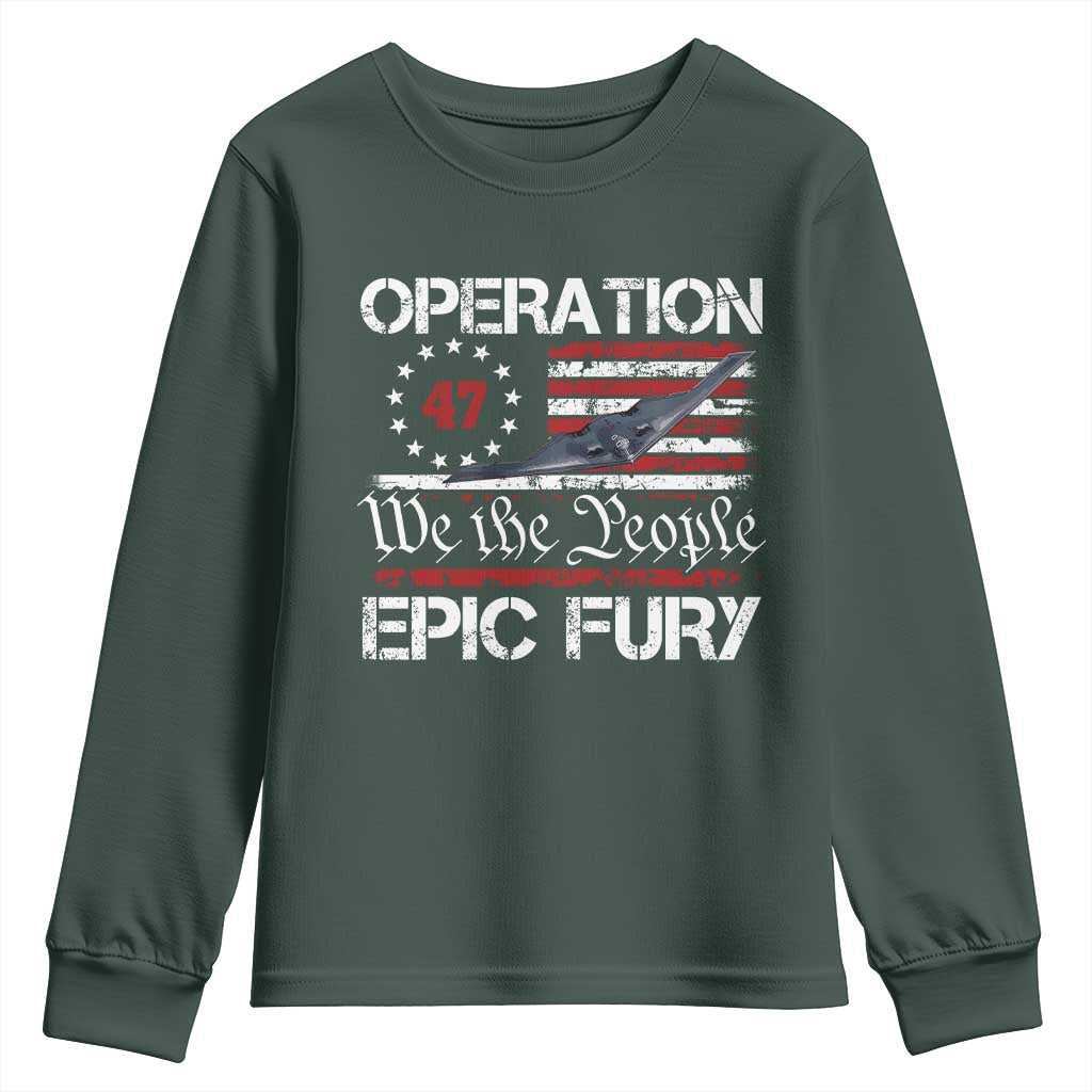 Operation Epic Fury Youth Sweatshirt Military Bomber Stealth Jet Vintage American Flag TS11 Dark Forest Green Print Your Wear