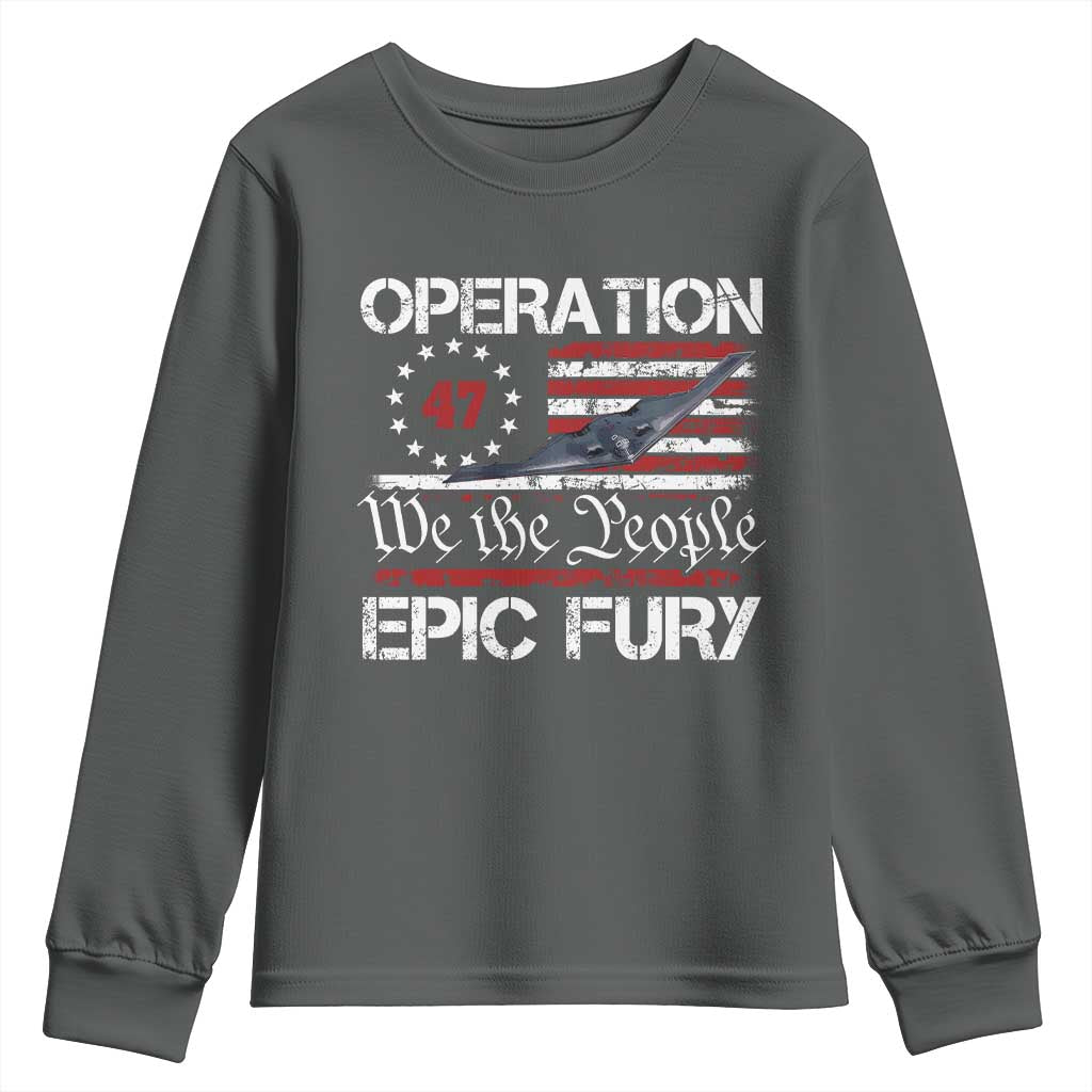 Operation Epic Fury Youth Sweatshirt Military Bomber Stealth Jet Vintage American Flag TS11 Dark Heather Print Your Wear