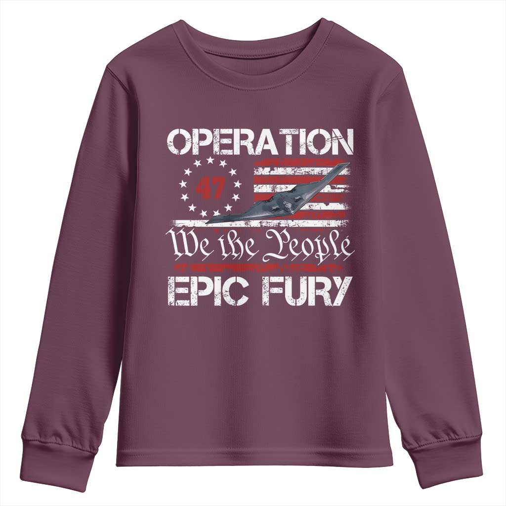 Operation Epic Fury Youth Sweatshirt Military Bomber Stealth Jet Vintage American Flag TS11 Maroon Print Your Wear