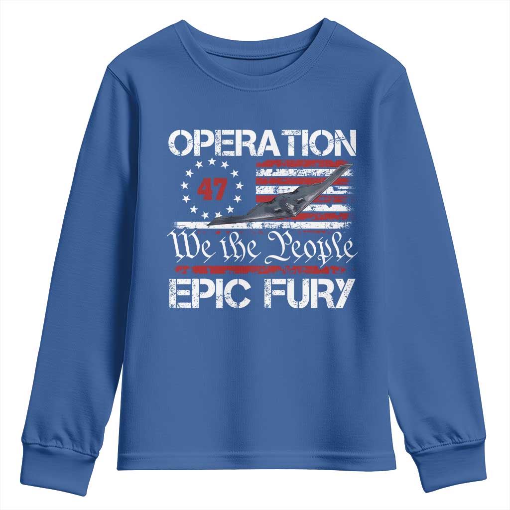 Operation Epic Fury Youth Sweatshirt Military Bomber Stealth Jet Vintage American Flag TS11 Royal Blue Print Your Wear