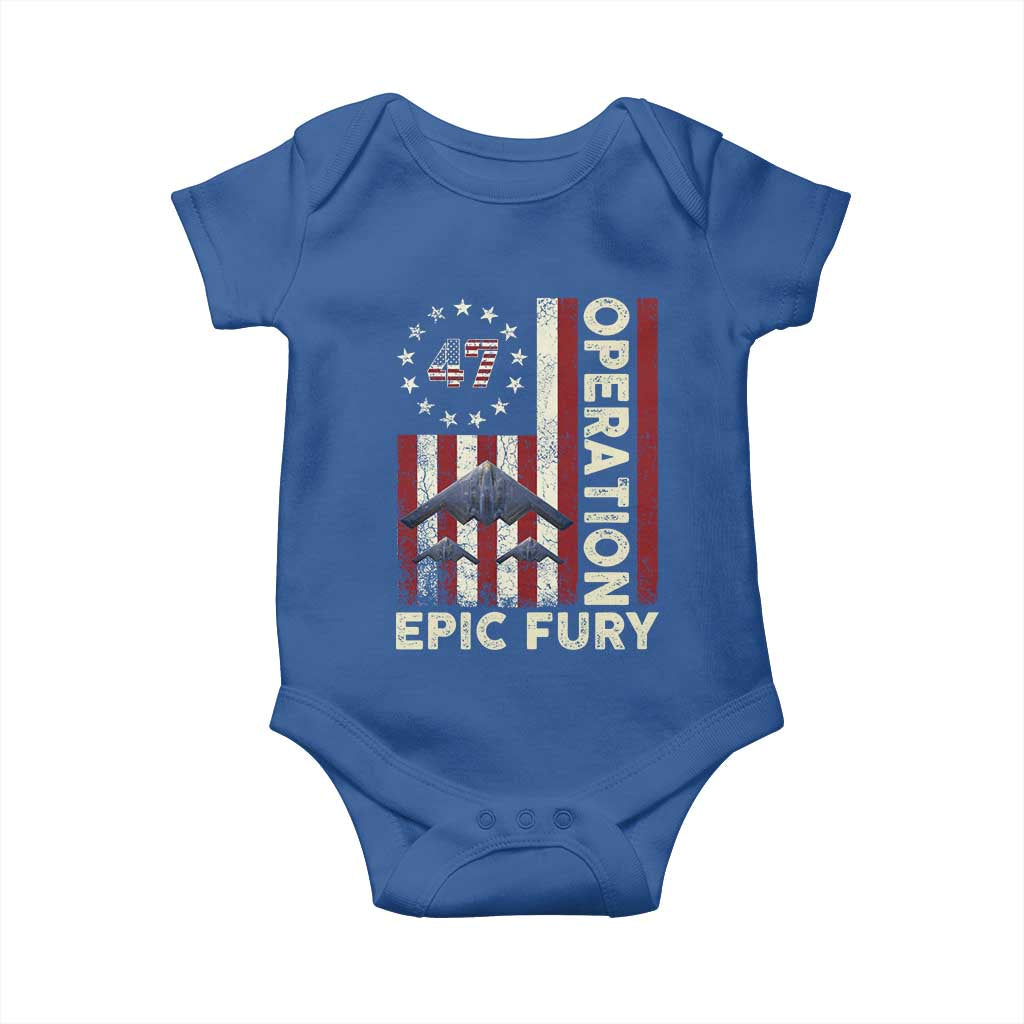 Operation Epic Fury Baby Onesie Military Tactical Warfare Stealth Jet American Flag TS11 Royal Blue Print Your Wear