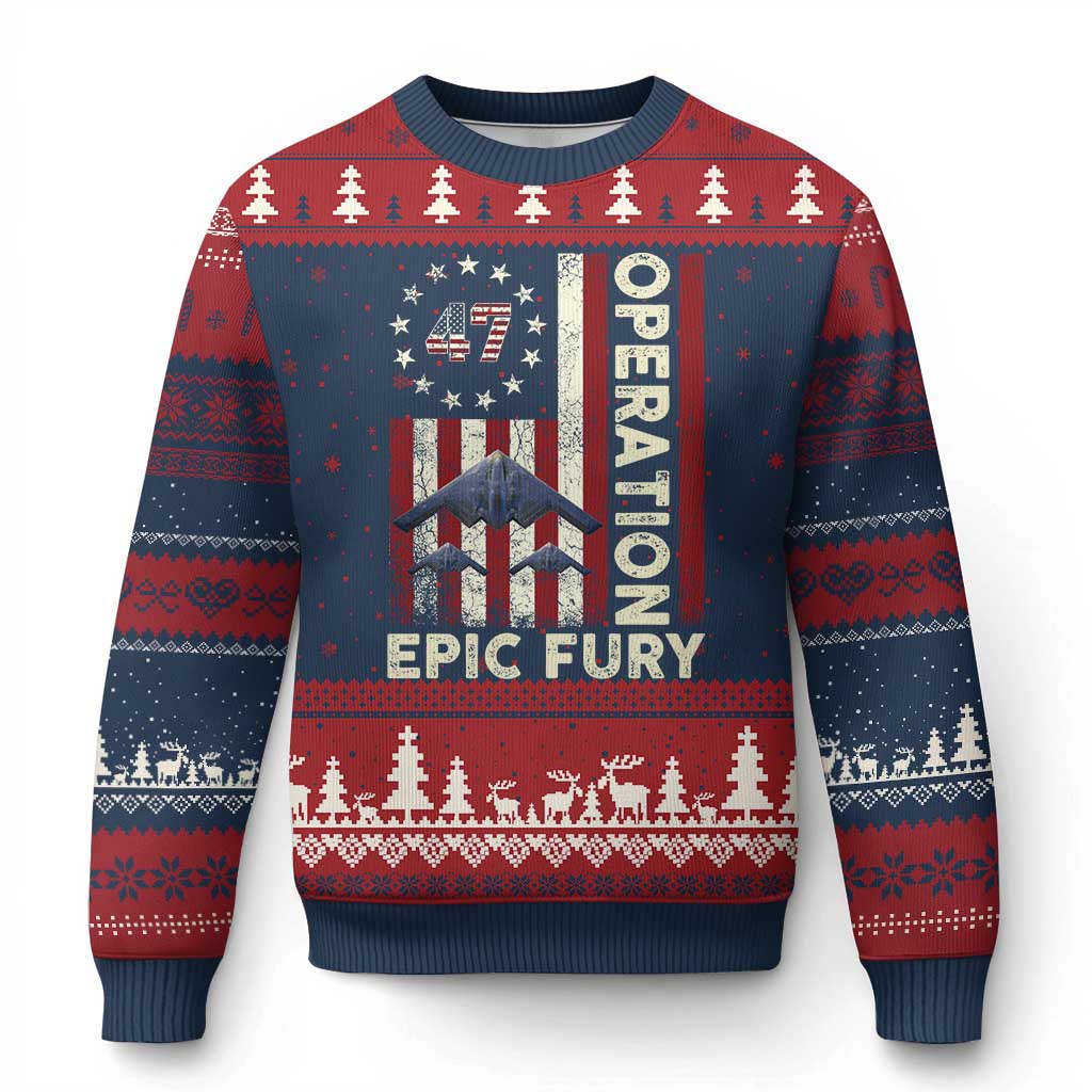 Operation Epic Fury Ugly Christmas Sweater Military Tactical Warfare Stealth Jet American Flag TS11 Navy Red Print Your Wear