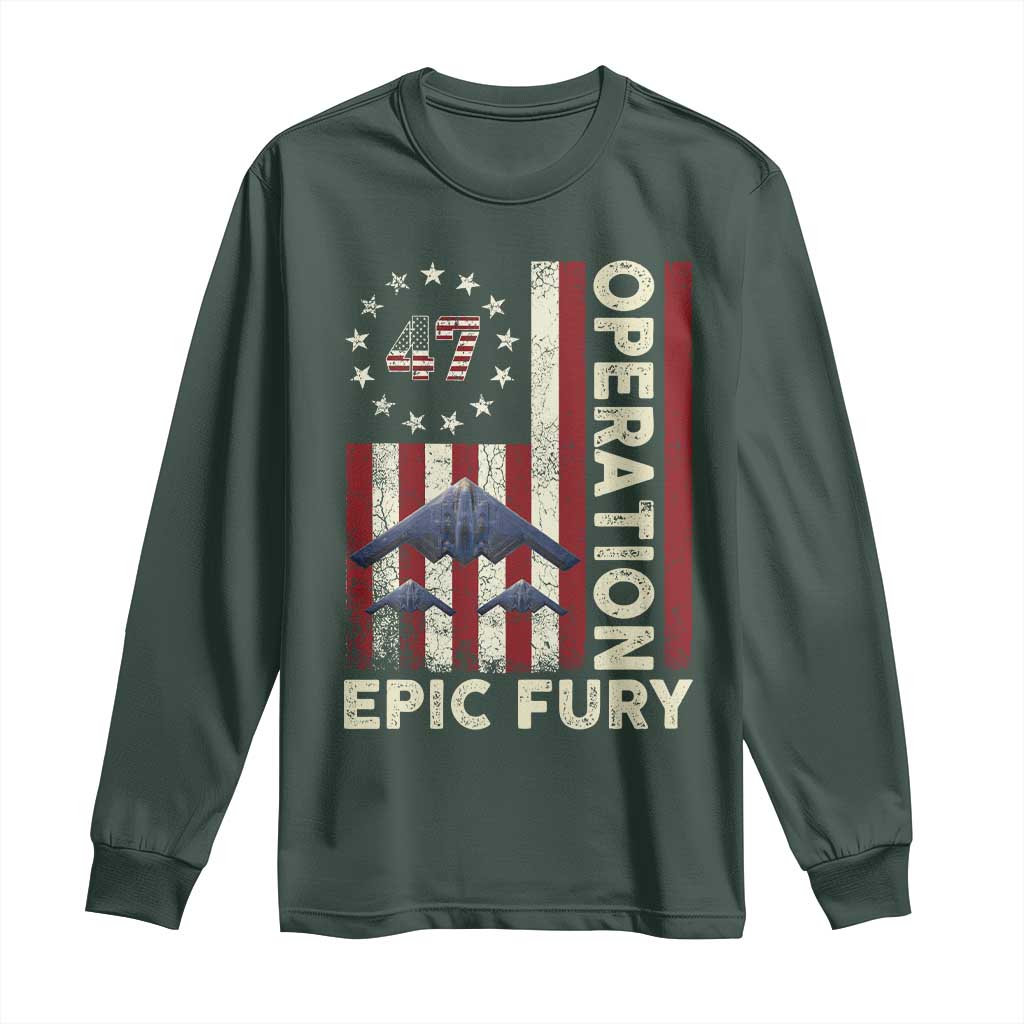 Operation Epic Fury Long Sleeve Shirt Military Tactical Warfare Stealth Jet American Flag TS11 Dark Forest Green Print Your Wear