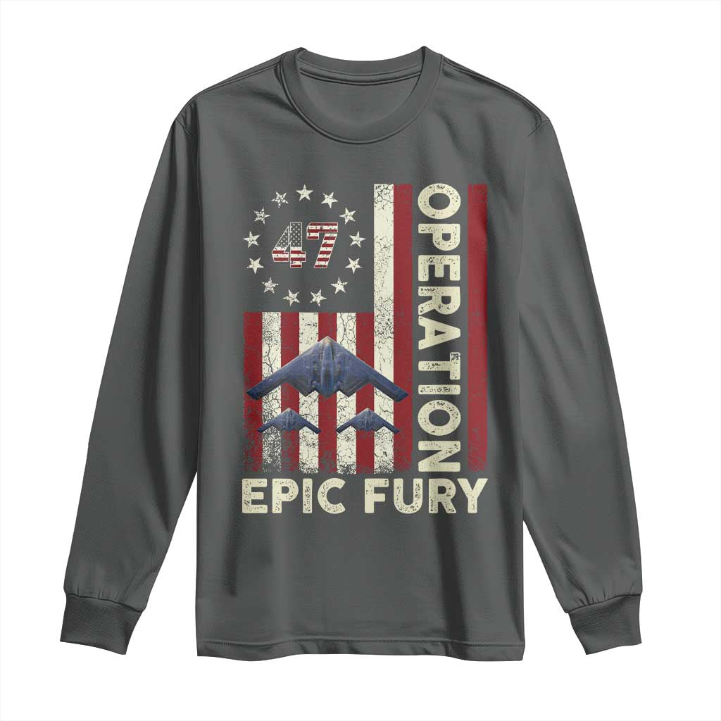 Operation Epic Fury Long Sleeve Shirt Military Tactical Warfare Stealth Jet American Flag TS11 Dark Heather Print Your Wear
