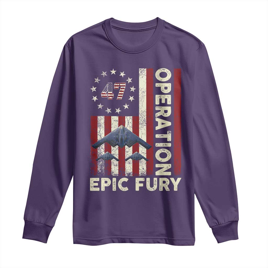 Operation Epic Fury Long Sleeve Shirt Military Tactical Warfare Stealth Jet American Flag TS11 Purple Print Your Wear