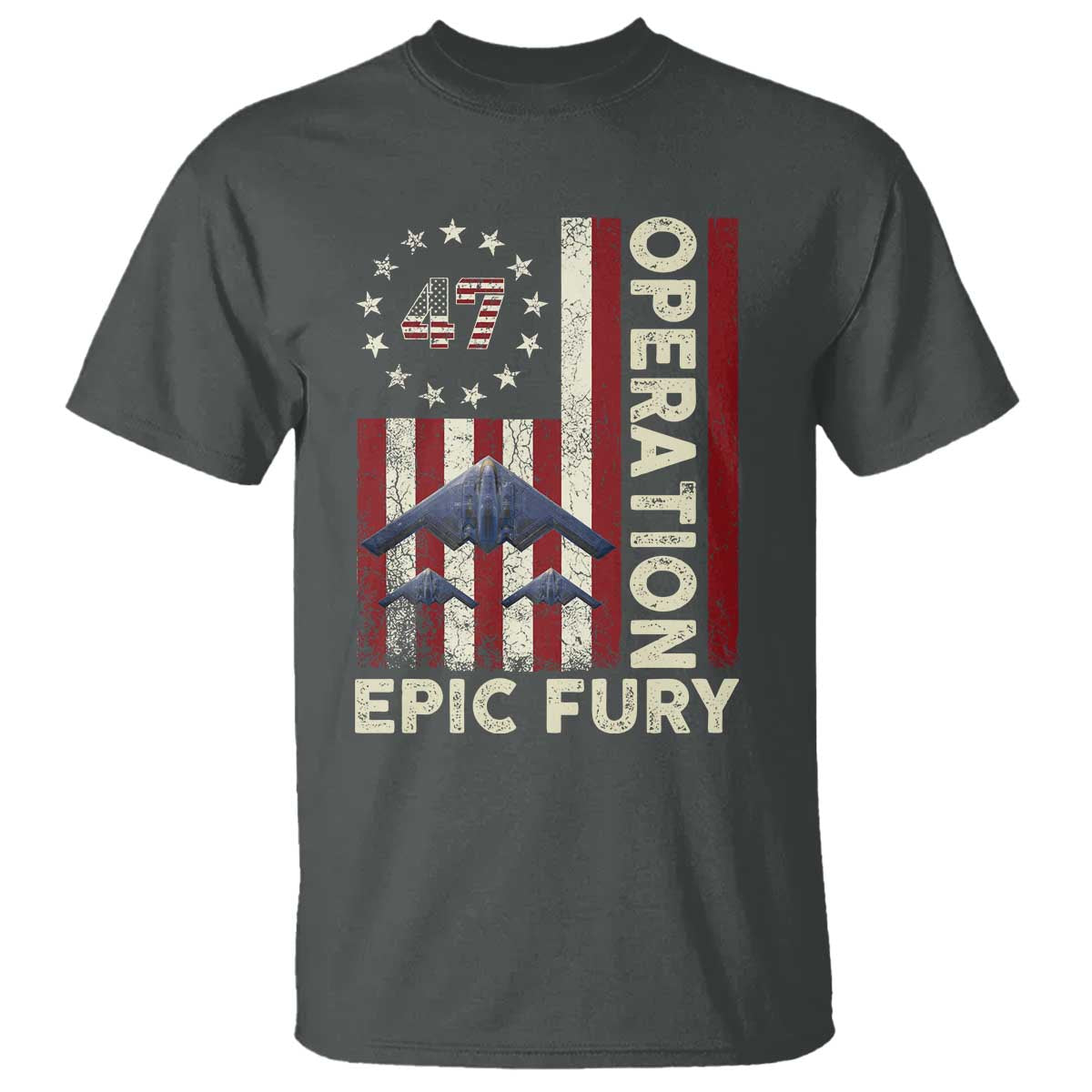 Operation Epic Fury T Shirt Military Tactical Warfare Stealth Jet American Flag TS11 Dark Heather Print Your Wear