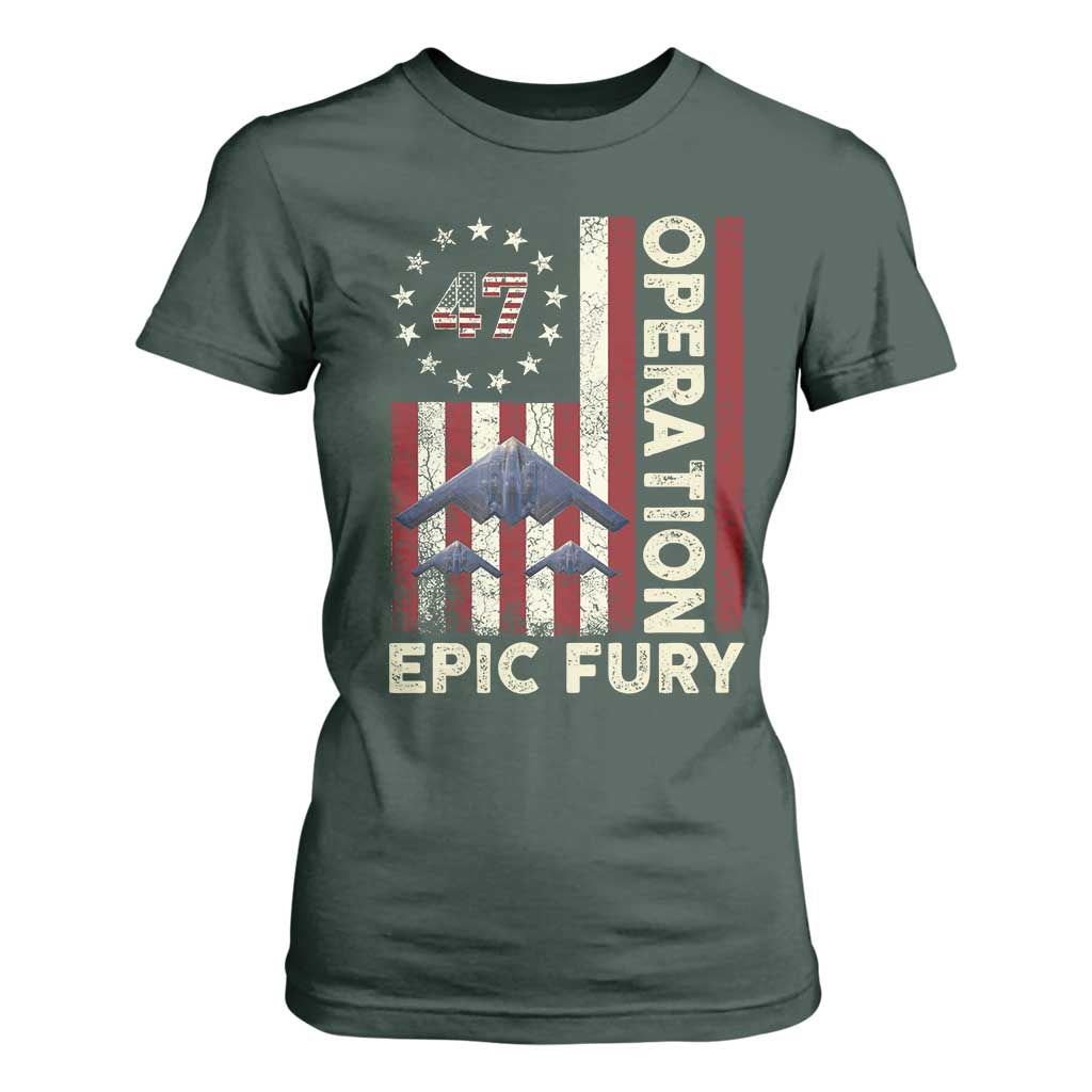 Operation Epic Fury T Shirt For Women Military Tactical Warfare Stealth Jet American Flag TS11 Dark Forest Green Print Your Wear
