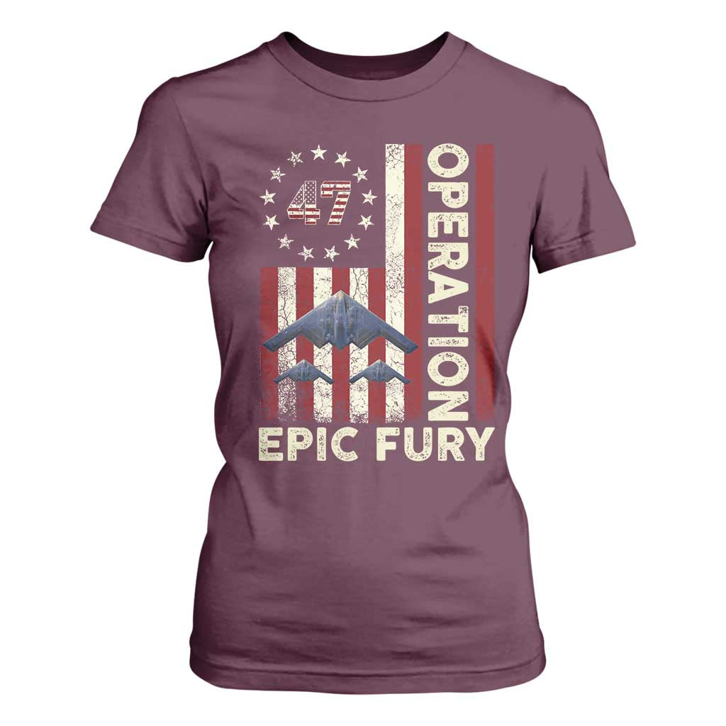 Operation Epic Fury T Shirt For Women Military Tactical Warfare Stealth Jet American Flag TS11 Maroon Print Your Wear