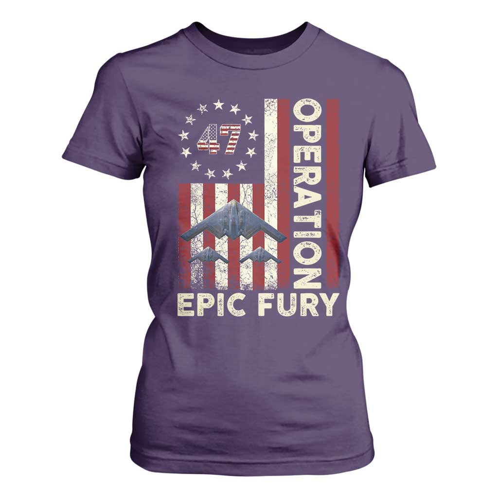 Operation Epic Fury T Shirt For Women Military Tactical Warfare Stealth Jet American Flag TS11 Purple Print Your Wear