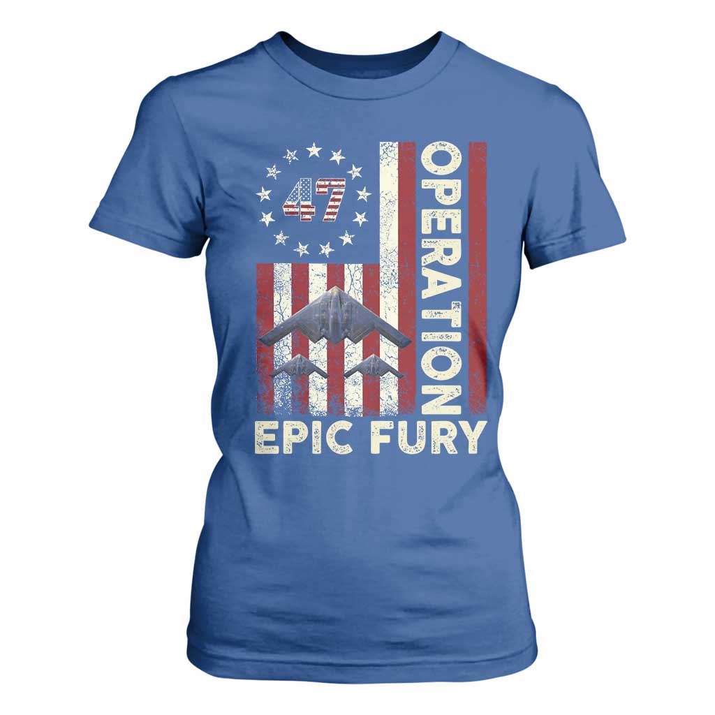 Operation Epic Fury T Shirt For Women Military Tactical Warfare Stealth Jet American Flag TS11 Royal Blue Print Your Wear