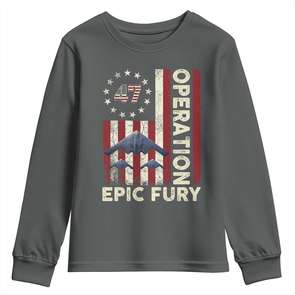 Operation Epic Fury Youth Sweatshirt Military Tactical Warfare Stealth Jet American Flag TS11 Dark Heather Print Your Wear