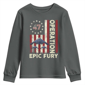 Operation Epic Fury Youth Sweatshirt Military Tactical Warfare Stealth Jet American Flag TS11 Dark Heather Print Your Wear