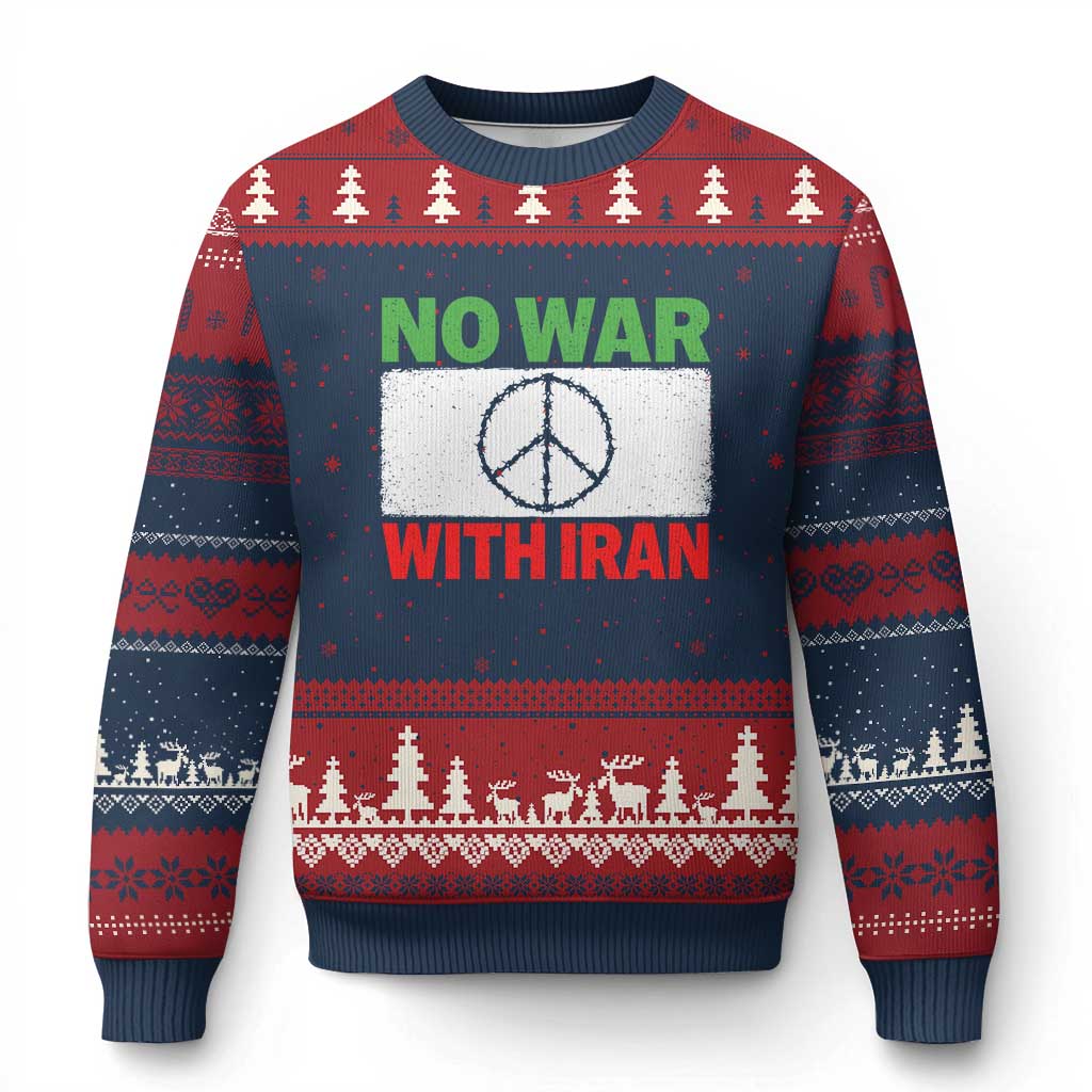 No War With Iran Ugly Christmas Sweater Iranian People Support Barbed Wire Peace Sign TS11 Navy Red Print Your Wear