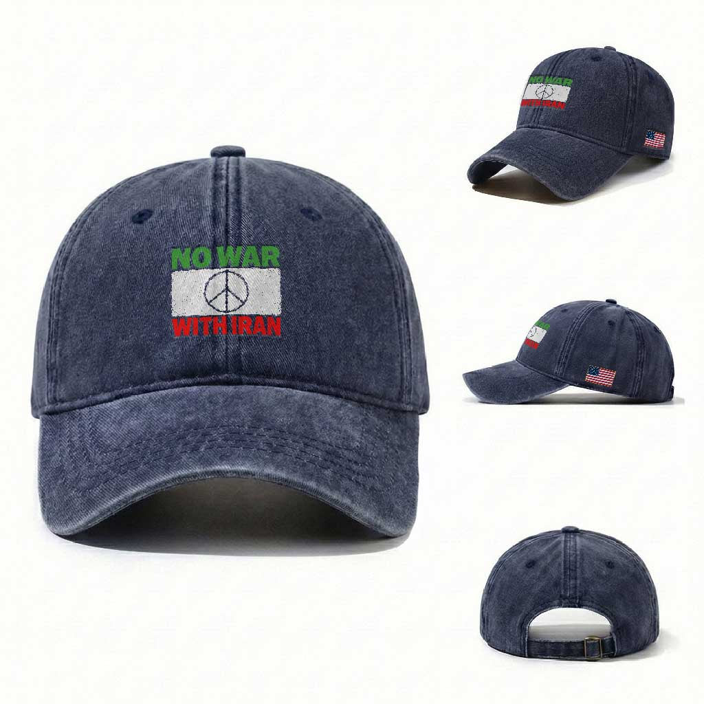 No War With Iran Washed Cotton Baseball Cap Iranian People Support Barbed Wire Peace Sign TS11 Washed Cap Universal Fit Navy Print Your Wear