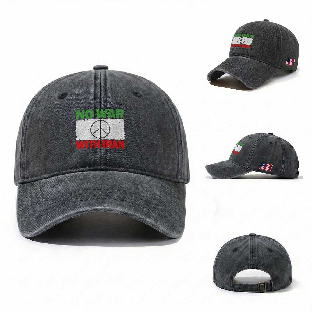 No War With Iran Washed Cotton Baseball Cap Iranian People Support Barbed Wire Peace Sign TS11 Washed Cap Universal Fit Dark Gray Print Your Wear