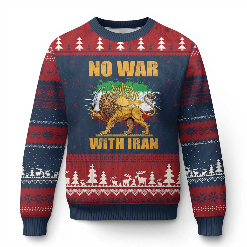 No War With Iran Ugly Christmas Sweater Iran Flag Lion And Sun Persian Pride TS11 Navy Red Print Your Wear