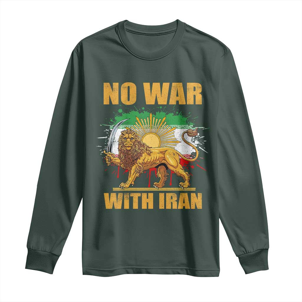 No War With Iran Long Sleeve Shirt Iran Flag Lion And Sun Persian Pride TS11 Dark Forest Green Print Your Wear