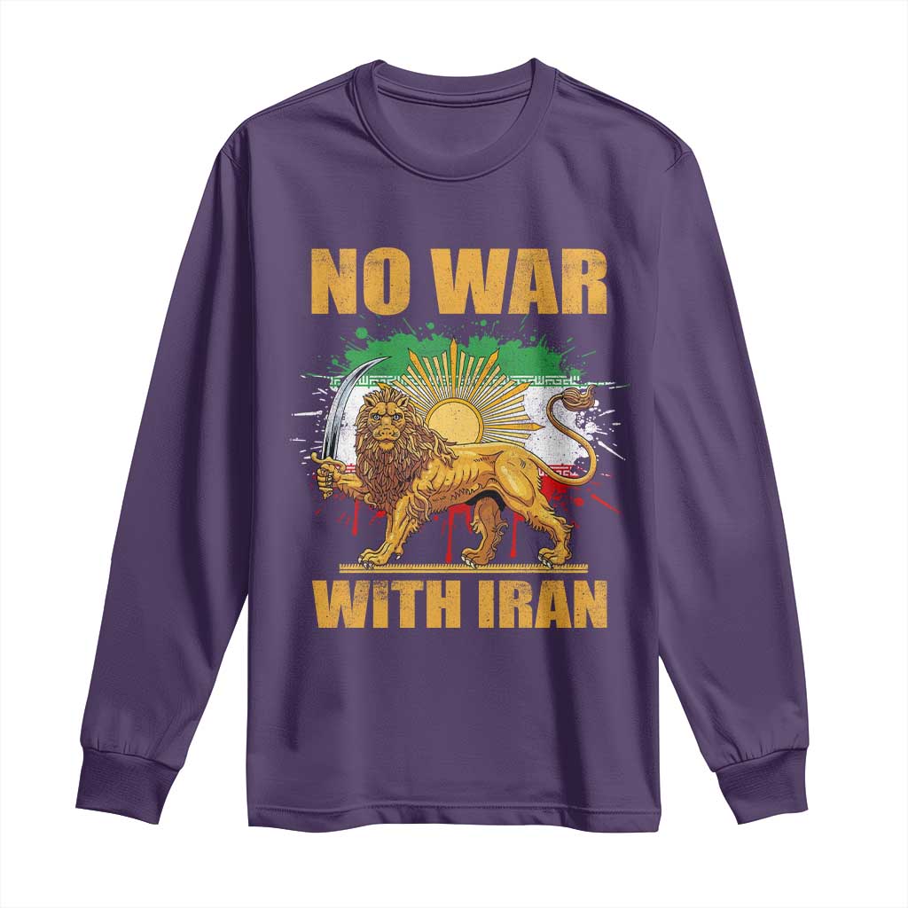 No War With Iran Long Sleeve Shirt Iran Flag Lion And Sun Persian Pride TS11 Purple Print Your Wear