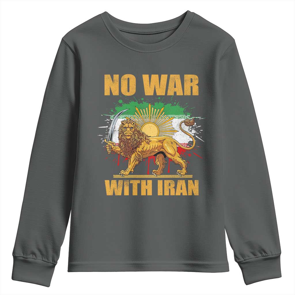 No War With Iran Youth Sweatshirt Iran Flag Lion And Sun Persian Pride TS11 Dark Heather Print Your Wear