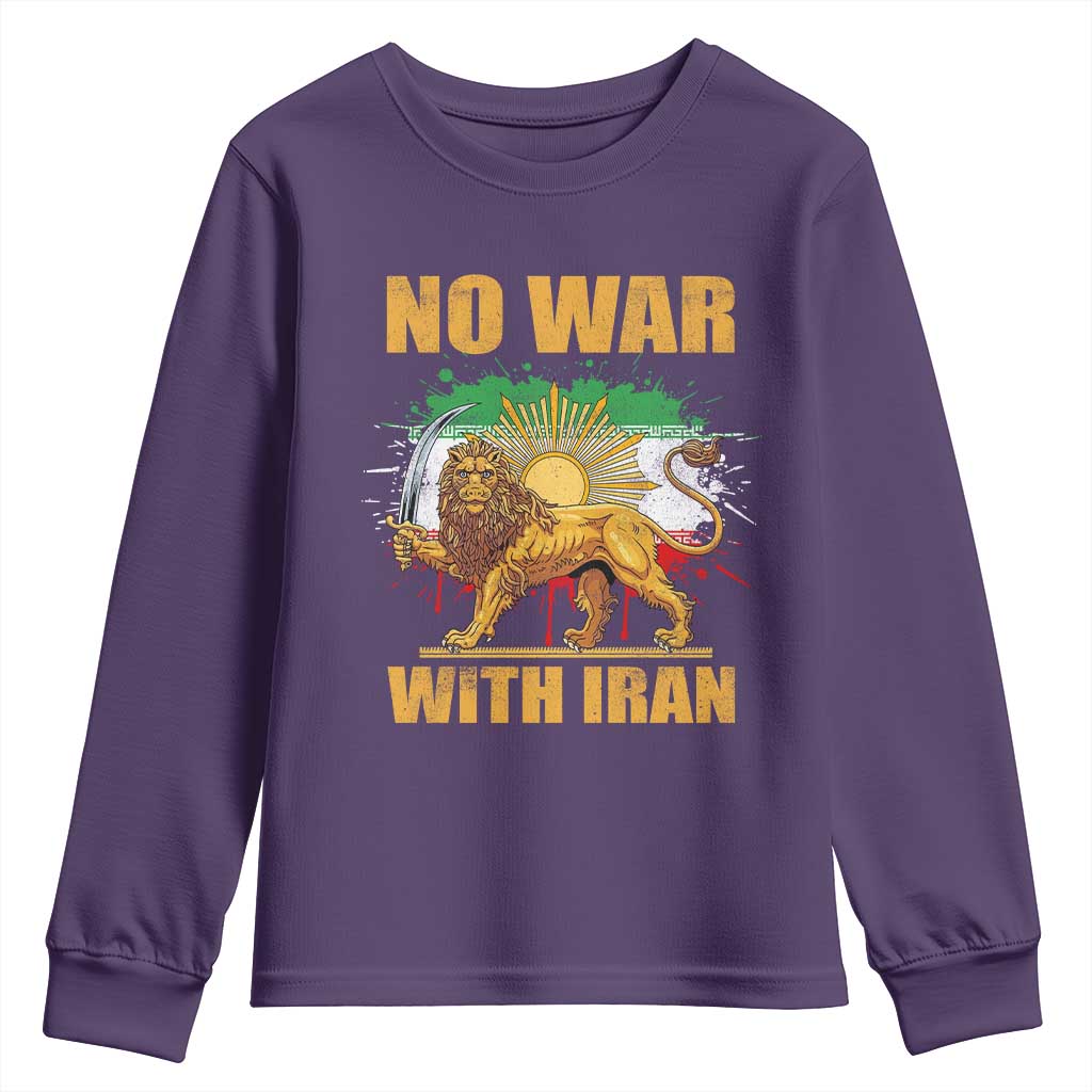 No War With Iran Youth Sweatshirt Iran Flag Lion And Sun Persian Pride TS11 Purple Print Your Wear