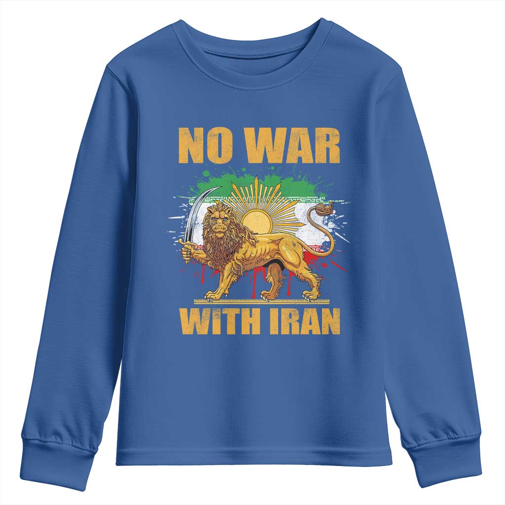 No War With Iran Youth Sweatshirt Iran Flag Lion And Sun Persian Pride TS11 Royal Blue Print Your Wear