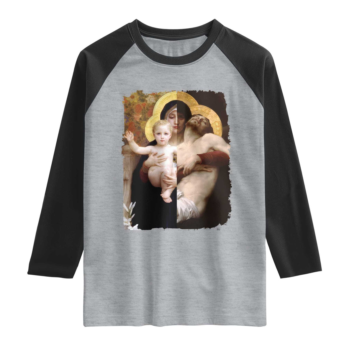 Jesus Christ and Mother Mary William Adolphe Bouguereau Art Raglan Shirt TS11 Heather Gray Black Print Your Wear