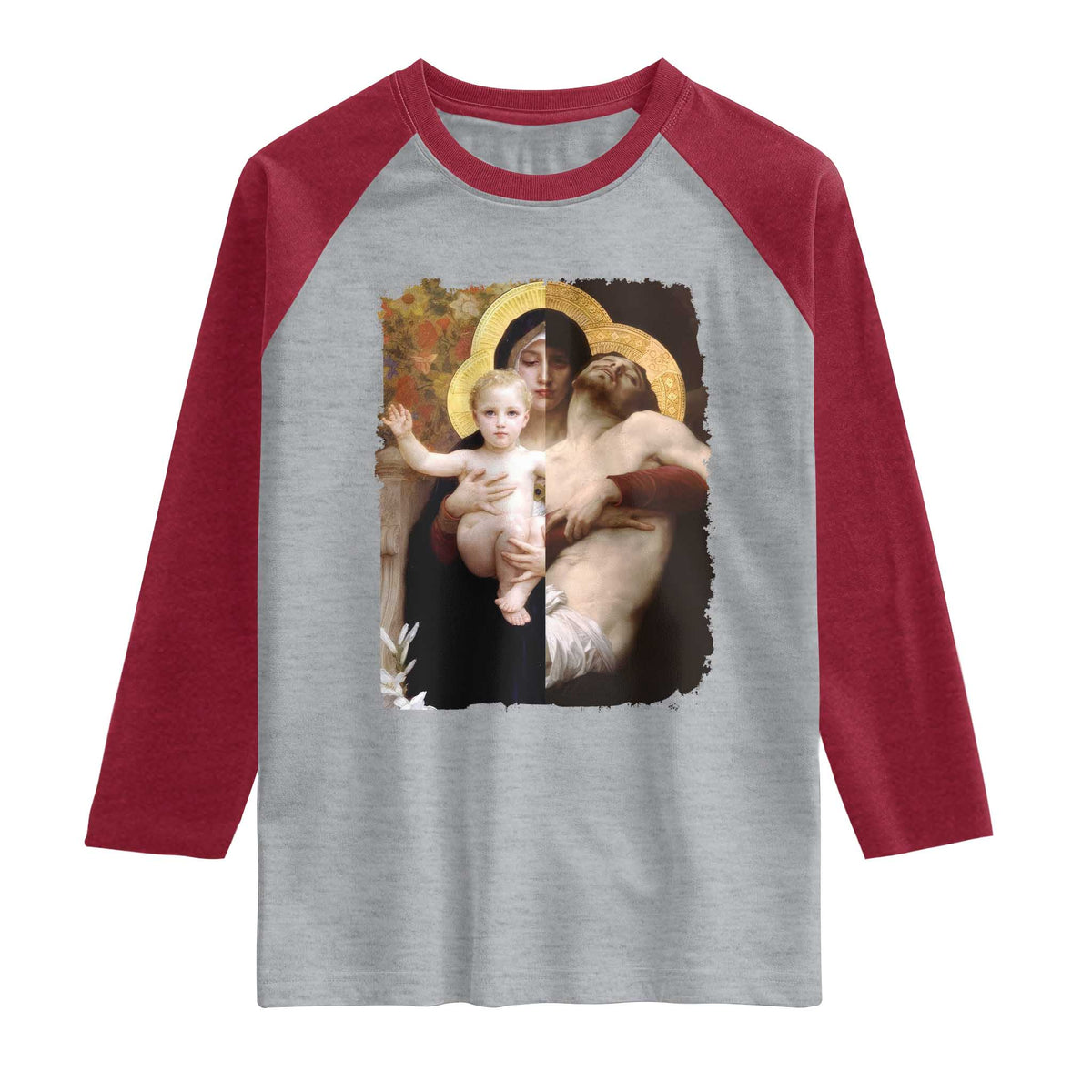 Jesus Christ and Mother Mary William Adolphe Bouguereau Art Raglan Shirt TS11 Heather Gray Heather Red Print Your Wear